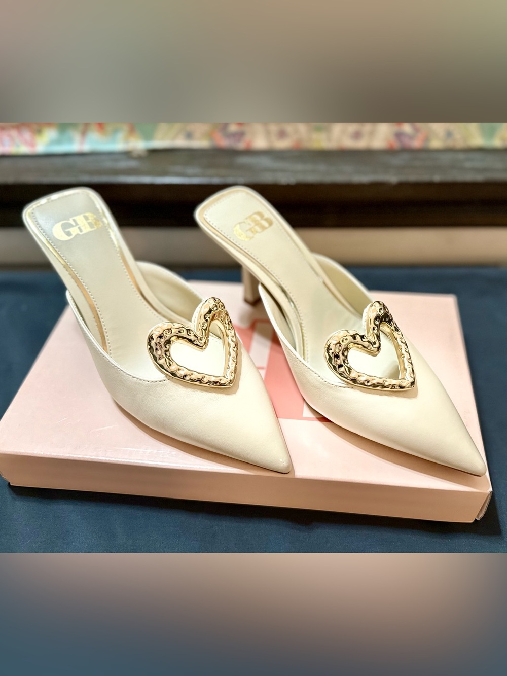 Gianni Bini (GB) Heart-Eyes Leather Heart Ornament Dress Mules In Off-White